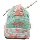 Rear view of the womens ASICS GEL-NOOSA TRI 12 in mint green and coral, featuring patterned laces, a wavy NOOSA logo, multicolored sole with pink and white accents, and responsive FLYTEFOAM midsole cushioning.