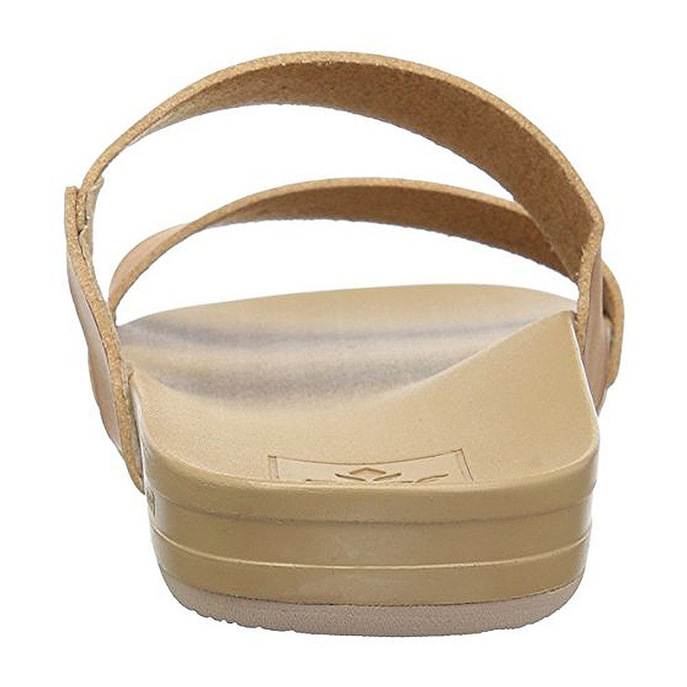 Rear view of Reef Cushion Vista - Womens tan double strap slides with a slightly elevated sole, textured footbed, and minimalist vegan leather design for effortless style and comfort.
