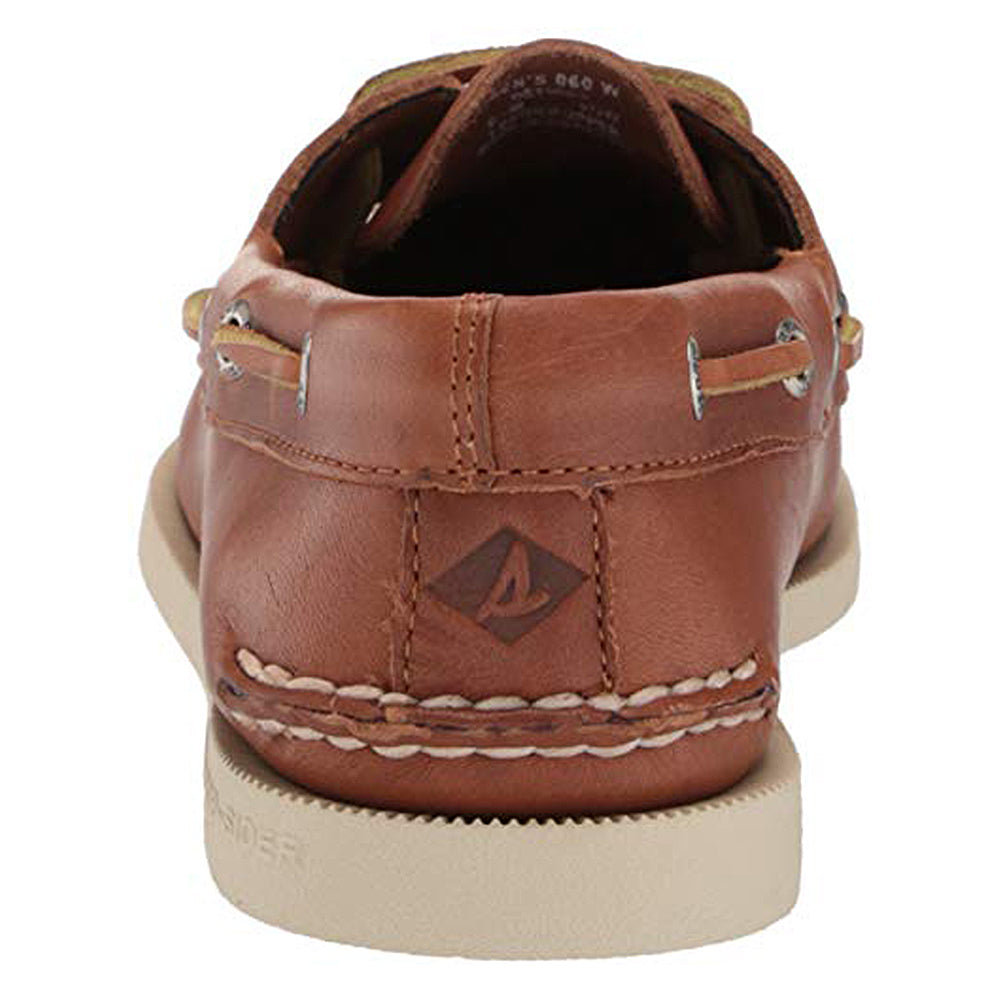 Close-up rear view of the Sperry A/O 2-EYE LEATHER mens boat shoe, showcasing brown leather, visible stitching, tan rubber sole, and lace accents on the sides.
