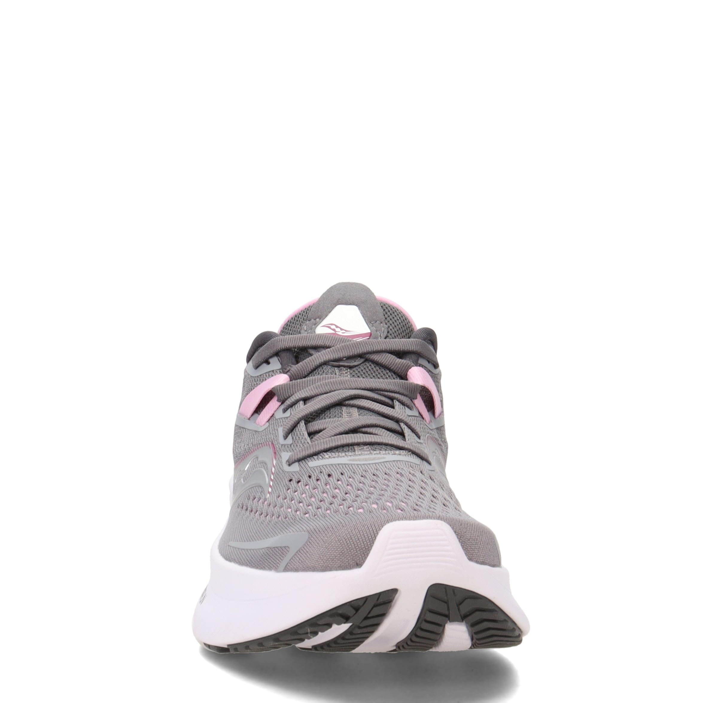Front view of the Saucony Ride 15 - Womens running shoe in gray with pink accents, featuring PWRRUN cushioning, a white midsole, and black outsole, set against a plain white background.