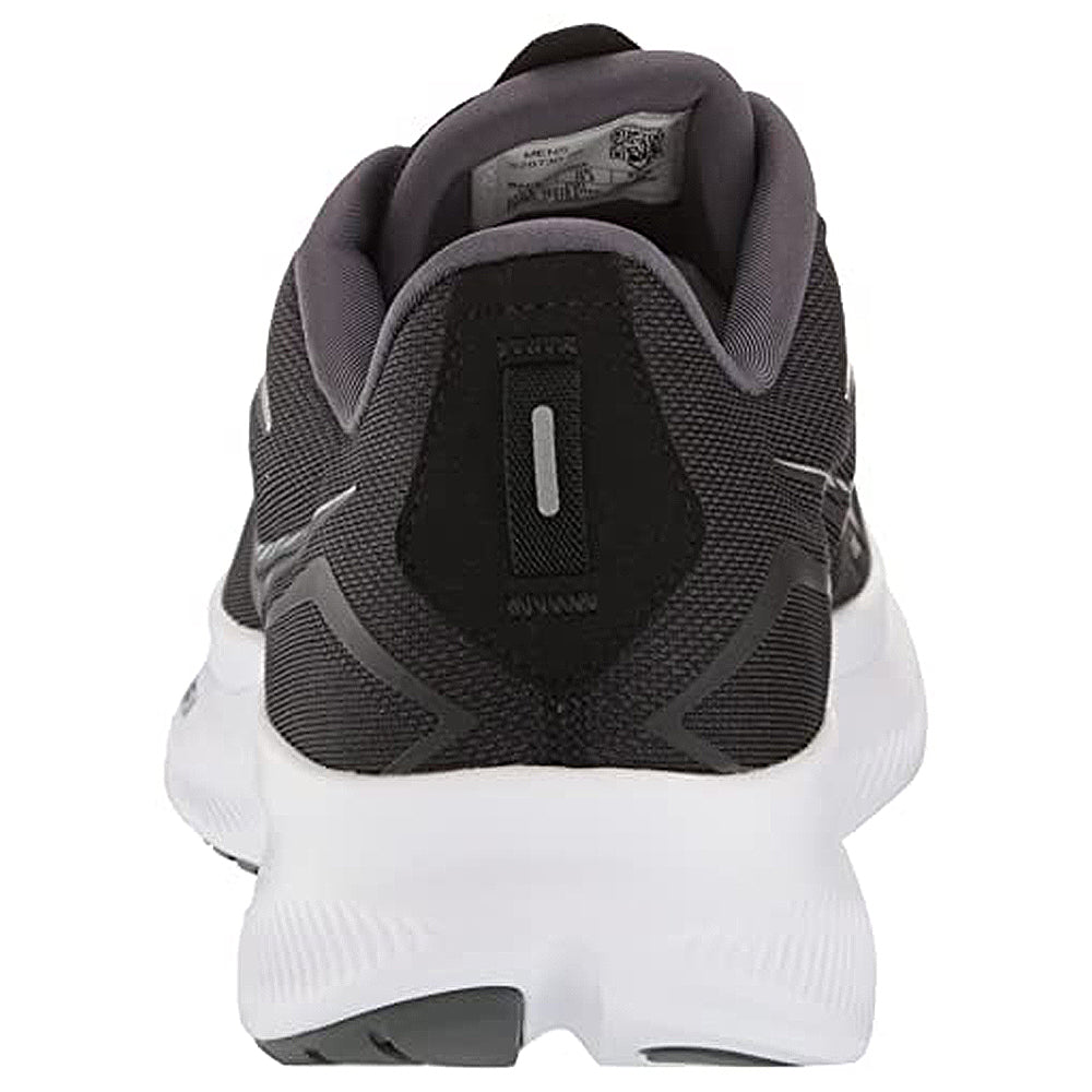 A rear view of the Saucony Ride 15 - Men’s lightweight running shoe in black and gray with a white sole, showing a reflective vertical strip on the heel.