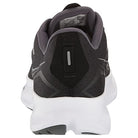 A rear view of the Saucony Ride 15 - Men’s lightweight running shoe in black and gray with a white sole, showing a reflective vertical strip on the heel.