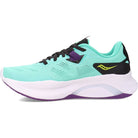The Saucony Guide 15 - Womens is a turquoise running shoe with black laces, a white and purple sole, yellow side logo, and cushioned support for comfort on every run.