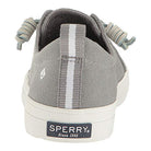 Rear view of the Sperry Crest Vibe - Womens sneaker in gray, featuring a white heel stripe on the pull tab, decorative lace ends, slip-on design, and a white rubber sole with Sperry logo and Since 1935 on the heel.