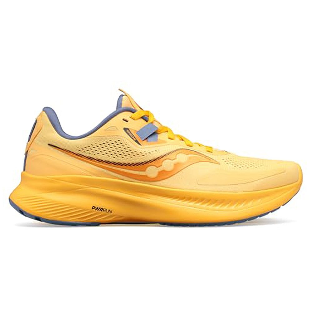The Saucony Guide 15 - Womens is a yellow and orange running shoe with blue accents, featuring a mesh upper, low profile, thick cushioned sole, and wave-like design for lightweight comfort and top performance.