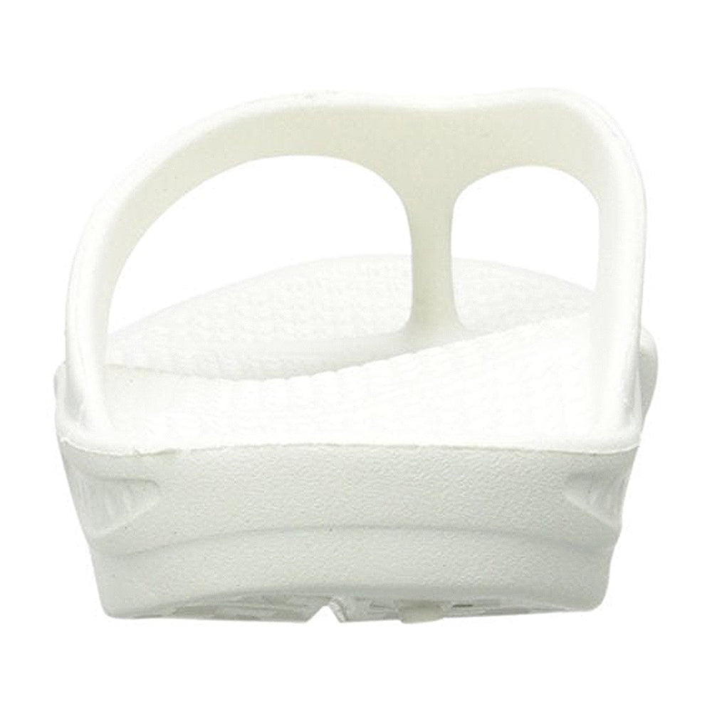 A close-up rear view of Telic Footwears Energy Flip Flop - Unisex in white, featuring a thick sole, two wide straps, pillow-soft cushioning, and arch support—a blend between flip flop and slide.