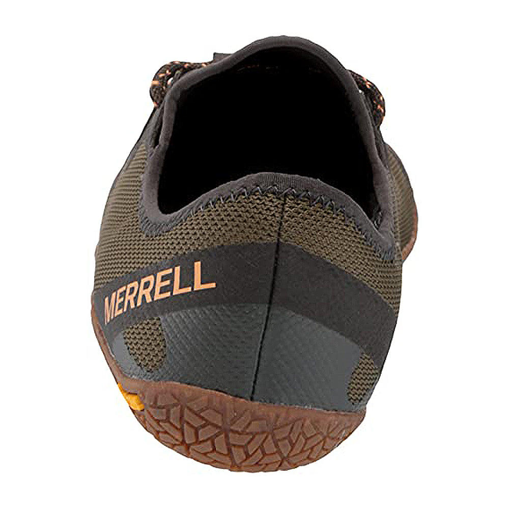 A rear view of the Merrell Vapor Glove 5 - Men shows a textured brown sole, black and olive upper, and MERRELL branding in orange on the heel.