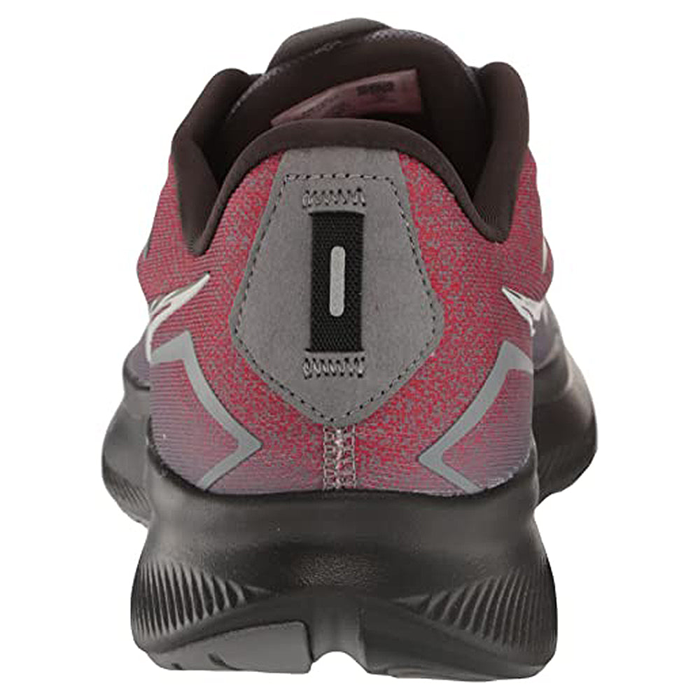 Rear view of the Saucony Ride 15 - Men in red and black with gray accents, featuring a black pull tab and reflective details on the heel.