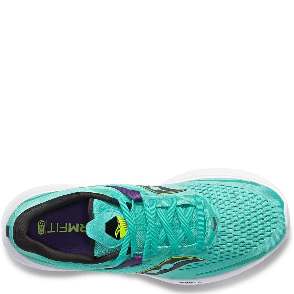Top view of the Saucony Ride 15 Womens running shoe with a turquoise mesh upper, purple and black accents, teal laces, white PWRRUN-cushioned sole, and Saucony logo on the side and tongue.