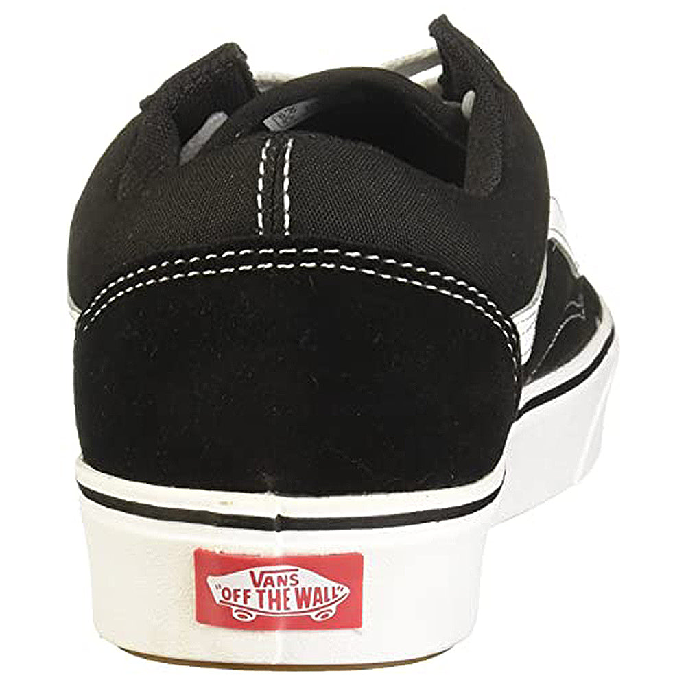 A rear view of the Vans ComfyCush Old Skool - Unisex sneaker in black and white, featuring the red Vans Off The Wall logo on its white rubber sole.
