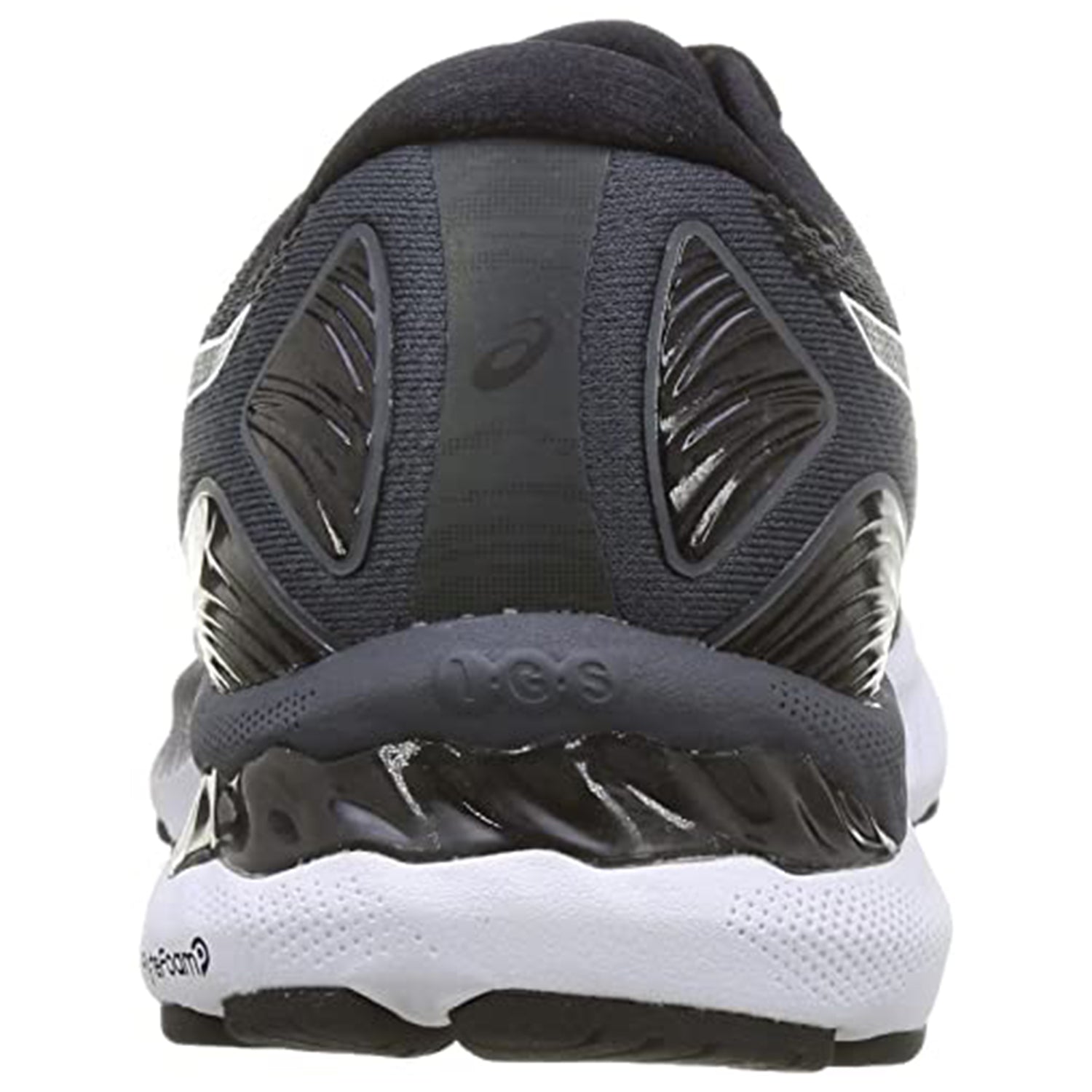 Rear view of the ASICS Nimbus 23 - Mens running shoe in dark shades, highlighting black, gray, and white accents on the sole, heel, and upper mesh fabric engineered for superior shock absorption.