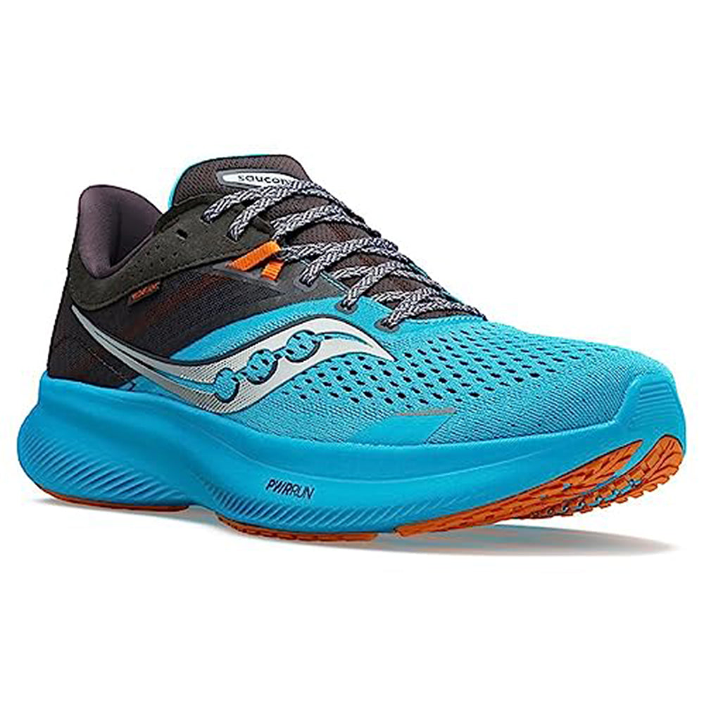 The Saucony Endorphin Shift 3 Running Shoe for men features a blue and black design with silver logo, orange accents and outsole, breathable mesh upper, and a cushioned PWRRUN foam sole for superior support.