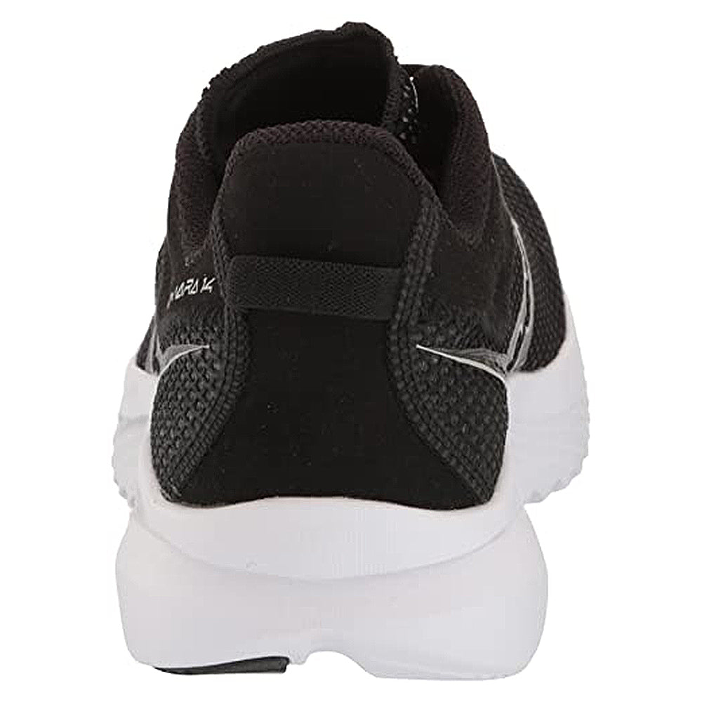 A rear view of the Saucony Endorphin Shift 3 Running Shoe - Mens in black with a white sole, mesh upper, heel pull tab, and PWRRUN foam cushioning. This sleek design combines comfort and style for running or casual wear.