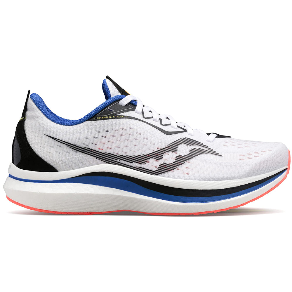 The Saucony Endorphin Speed 2 Running Shoe - Mens features a white design with blue, black, and coral accents, a black wave on the side, cushioned sole with SPEEDROLL technology, and a breathable mesh upper.