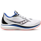 The Saucony Endorphin Speed 2 Running Shoe - Mens features a white design with blue, black, and coral accents, a black wave on the side, cushioned sole with SPEEDROLL technology, and a breathable mesh upper.