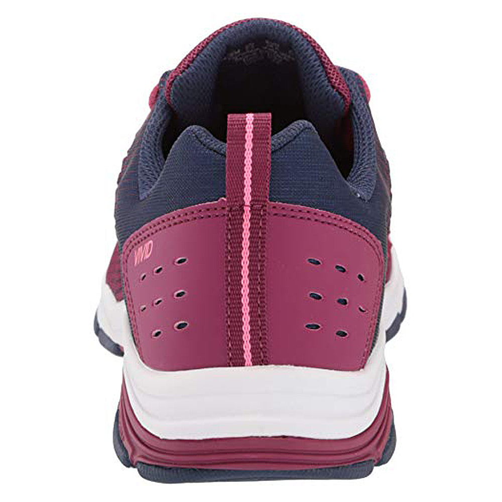 Rear view of the Ryka Vivid RZX - Women water sneaker in maroon and navy with pink accents, perforated heel, pull tab, white midsole, and WD lettering—blending style and performance for water fitness.