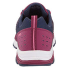 Rear view of the Ryka Vivid RZX - Women water sneaker in maroon and navy with pink accents, perforated heel, pull tab, white midsole, and WD lettering—blending style and performance for water fitness.