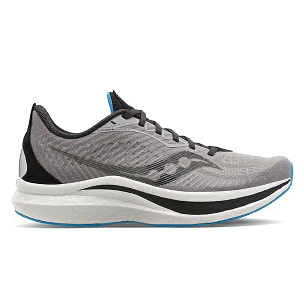 A mens Saucony Endorphin Speed 2 running shoe in gray and black with blue accents and a white cushioned sole, featuring SPEEDROLL technology, is shown in a right-facing side profile.