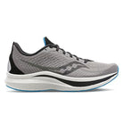 A mens Saucony Endorphin Speed 2 running shoe in gray and black with blue accents and a white cushioned sole, featuring SPEEDROLL technology, is shown in a right-facing side profile.