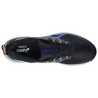 Top view of the ASICS Gel Venture 9 - Mens trail running shoe in black, featuring an Ortholite insole, black laces with white speckles, and blue and red accents.