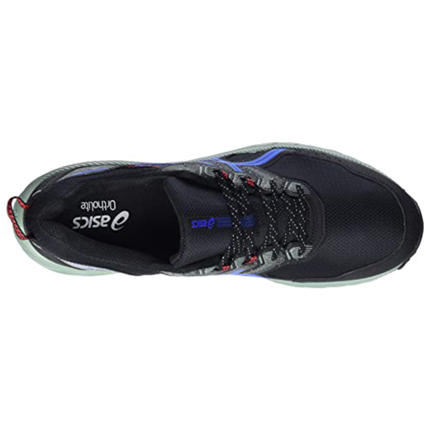 Top view of the ASICS Gel Venture 9 - Mens trail running shoe in black, featuring an Ortholite insole, black laces with white speckles, and blue and red accents.