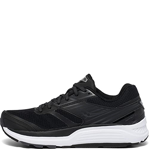 The Saucony Echelon 8 Running Shoe - Womens is shown in side profile with a black mesh upper, black laces, white sole, and PWRRUN cushioning on a plain white background.