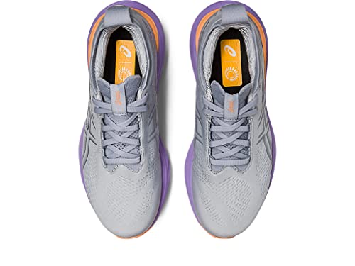 The ASICS Gel Nimbus 25 - Womens shoes feature gray uppers, purple soles, and orange accents for lightweight cushioning, shown from above on a white background.