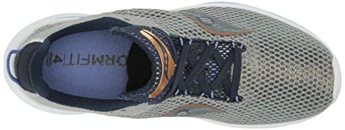 Top view of the Saucony Kinvara 14 Running Shoe - Womens in gray, featuring navy laces, mesh upper, a touch of orange at the tongue, and blue FORMFIT insole. Responsive PWRRUN foam delivers comfort underfoot.
