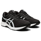 A pair of ASICS Gel-Contend 6 - Mens running shoes in black, featuring cushioned white soles and white stripe detailing, displayed against a plain white background.