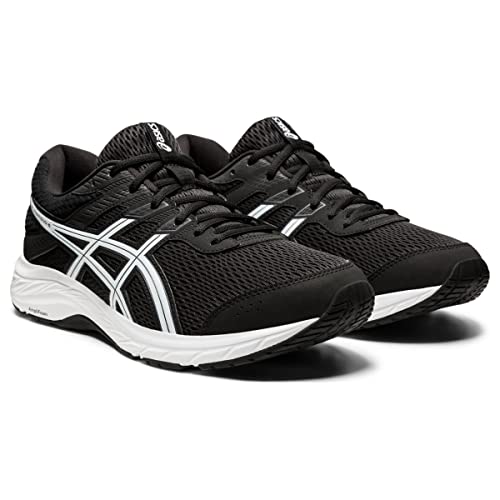 A pair of ASICS Gel-Contend 6 - Mens running shoes in black, featuring cushioned white soles and white stripe detailing, displayed against a plain white background.