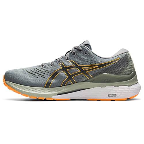 The ASICS Gel Kayano 28 - Mens is a gray stability running shoe with yellow and orange accents, mesh upper, lace-up design, white cushioned sole with orange tread, and GEL technology for comfort.