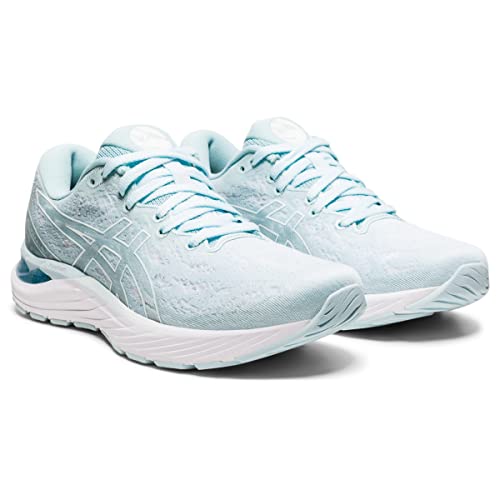 A pair of light blue ASICS Cumulus 23 - Womens running shoes with white soles and the ASICS logo on the side, featuring lightweight cushioning, displayed against a plain white background.