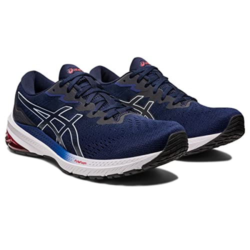 A pair of ASICS GT-1000 11 - Mens running shoes in navy blue with white midsoles, black outsoles, silver and blue side detailing, and FLYTEFOAM cushioning for comfort.