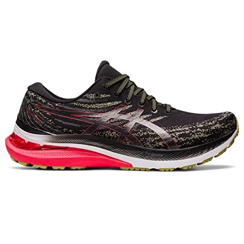 The ASICS Gel Kayano 29 - Mens is a black and gold stability running shoe featuring a red heel, white midsole, green outsole accents, lace-up design, and the iconic ASICS logo on the side.