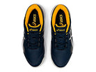 Top view of a pair of ASICS Gel-Game 8 - Kids tennis shoes in dark blue with black laces, white side details, bright yellow inner lining, and TRUSSTIC technology, placed side by side on a white background.