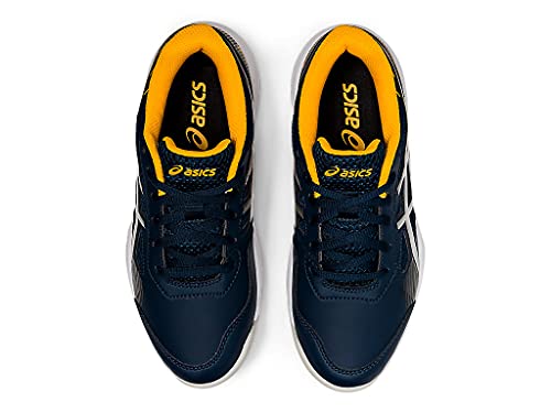 Top view of a pair of ASICS Gel-Game 8 - Kids tennis shoes in dark blue with black laces, white side details, bright yellow inner lining, and TRUSSTIC technology, placed side by side on a white background.