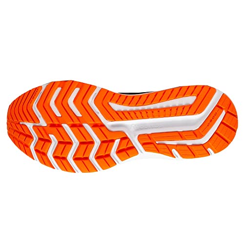 The image shows the orange and white sole of the Saucony Omni 20 Running Shoe - Mens, with a zigzag traction pattern, flexible grip grooves, and PWRRUN cushioning for comfort.