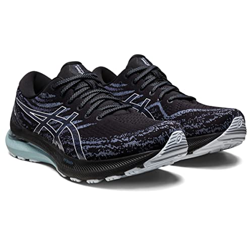 A pair of ASICS Gel Kayano 29 - Mens running shoes in black with white and silver accents, a patterned mesh upper, cushioned soles for stability, and the ASICS logo on the sides. The shoes are side by side, angled slightly forward.