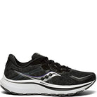 The Saucony Omni 20 Running Shoe for women features a black mesh upper with white and silver accents, a wavy side logo, and a thick white PWRRUN cushioned sole for enhanced support and stability.