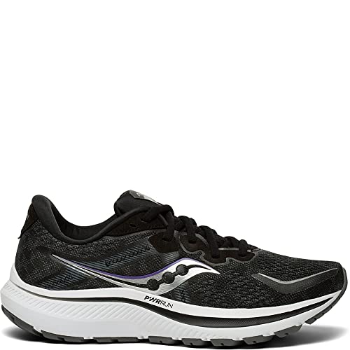 The Saucony Omni 20 Running Shoe for women features a black mesh upper with white and silver accents, a wavy side logo, and a thick white PWRRUN cushioned sole for enhanced support and stability.