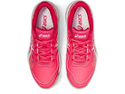 Top view of vibrant pink ASICS Gel-Game 8 - Kids tennis shoes with white detailing and laces, featuring TRUSSTIC technology for stability, set against a white background.