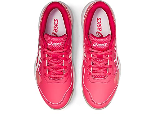 Top view of vibrant pink ASICS Gel-Game 8 - Kids tennis shoes with white detailing and laces, featuring TRUSSTIC technology for stability, set against a white background.