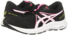 A pair of ASICS GEL-Contend 7 womens running shoes in black, featuring white soles, pink and white side stripes, yellow Gel-Contend side text, and cushioned support for comfortable runs.