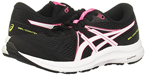 A pair of ASICS GEL-Contend 7 womens running shoes in black, featuring white soles, pink and white side stripes, yellow Gel-Contend side text, and cushioned support for comfortable runs.