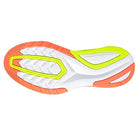 The image displays the sole of the Saucony Endorphin Shift 2 Running Shoe - Womens, featuring a white base with neon yellow-green and orange accents, SPEEDROLL Technology, and textured grooves for added grip and traction.