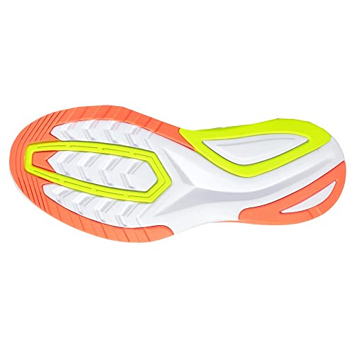 The image displays the sole of the Saucony Endorphin Shift 2 Running Shoe - Womens, featuring a white base with neon yellow-green and orange accents, SPEEDROLL Technology, and textured grooves for added grip and traction.