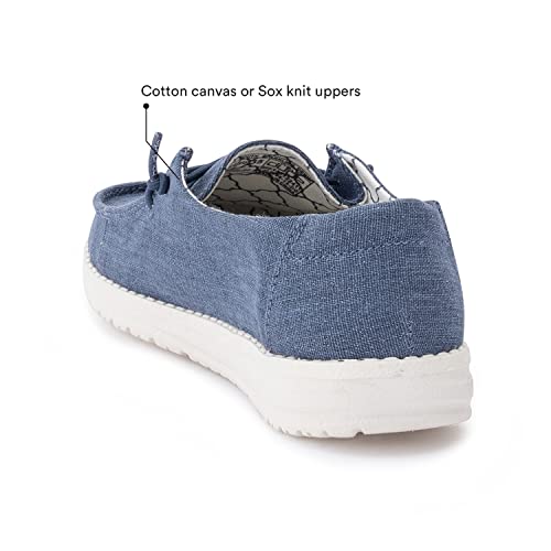 The Hey Dude Wendy Youth - Girls is shown from the back, featuring blue cotton canvas uppers, a white sole, and visible stitching. Text highlights cotton canvas uppers—ideal for lightweight comfort in girls shoes.