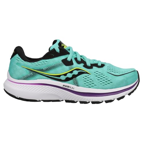 The Saucony Omni 20 Running Shoe - Womens features a turquoise mesh upper with black and yellow accents, a white sole with a purple stripe, and offers excellent support and stability—shown in side view.