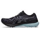 The ASICS Gel Kayano 29 - Mens is a black running shoe with blue and gray accents, a textured pattern, and the ASICS logo. Its thick sole, inspired by the Gel Kayano 29 design, offers stability with a dark-to-light blue gradient.
