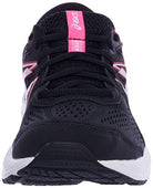 Front view of the ASICS GEL-Contend 7 - Womens running shoes in black with pink accents and a white sole, featuring breathable mesh, lace-up closure, and enhanced cushioning for comfort.